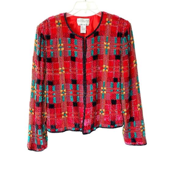 Vintage NiteLine Della Roufogali Sequin Beaded Red Black Plaid Jacket Blazer - Picture 1 of 7